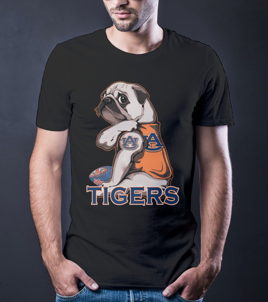 Pug Wearing Auburn Tigers Jersey With Football T-Shirt