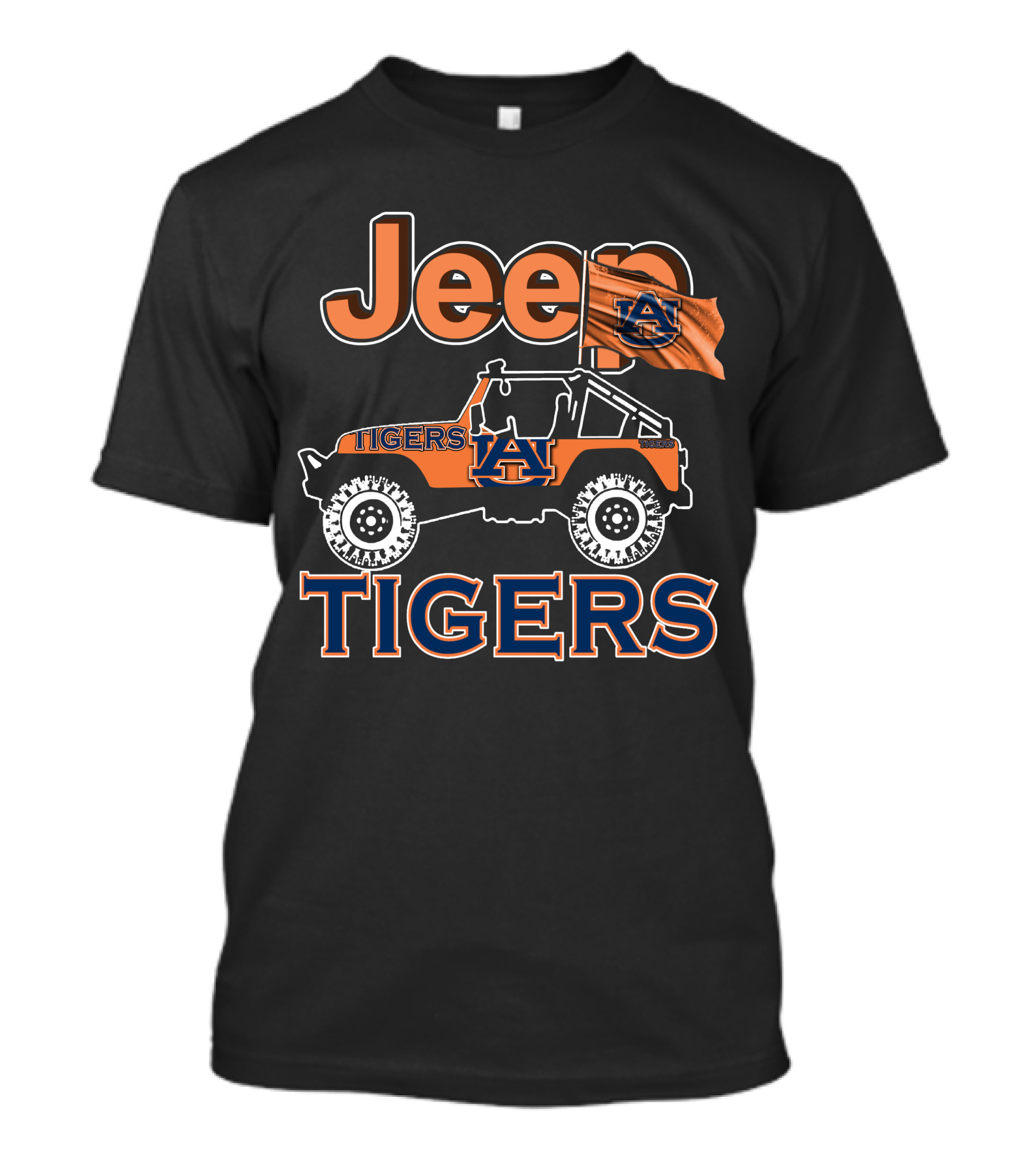 Jeep Auburn Tigers Logo With Orange Jeep And Flag T-Shirt