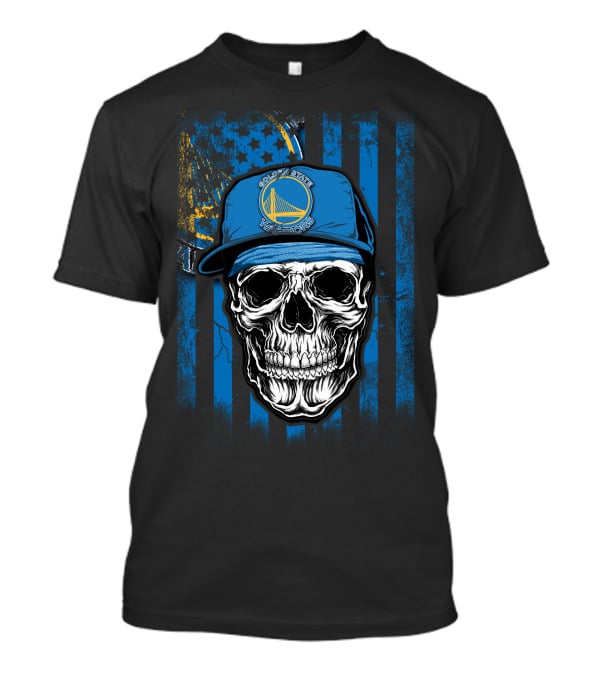 Golden State Warriors Skull With Hat On Striped Blue Background T-Shirt