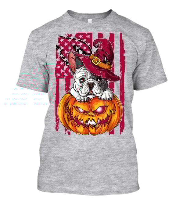 Hlw Bulldog Witch Hat Pumpkin Stars Stripes T-Shirt
