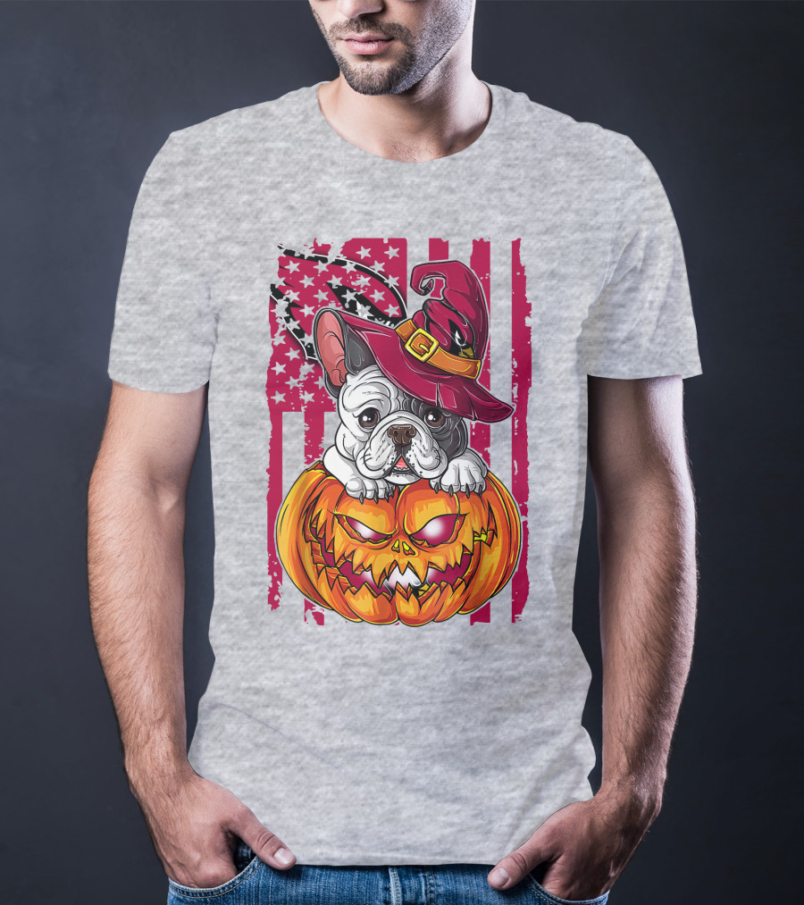 Hlw Bulldog Witch Hat Pumpkin Stars Stripes T-Shirt