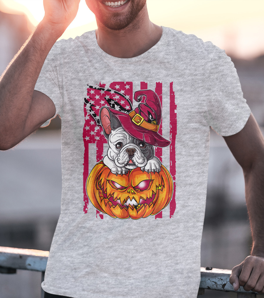 Hlw Bulldog Witch Hat Pumpkin Stars Stripes T-Shirt