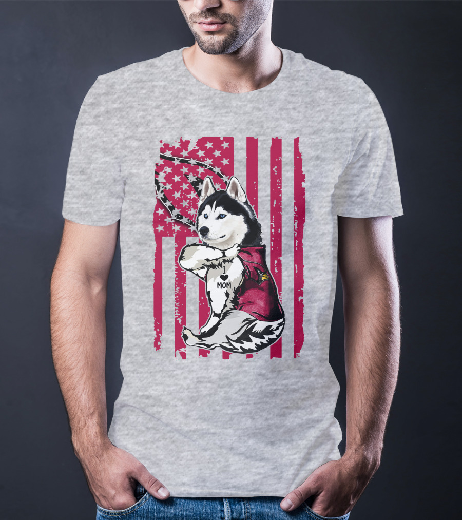 Siberian Husky I Love Mom Arizona Cardinals American Flag T-Shirt