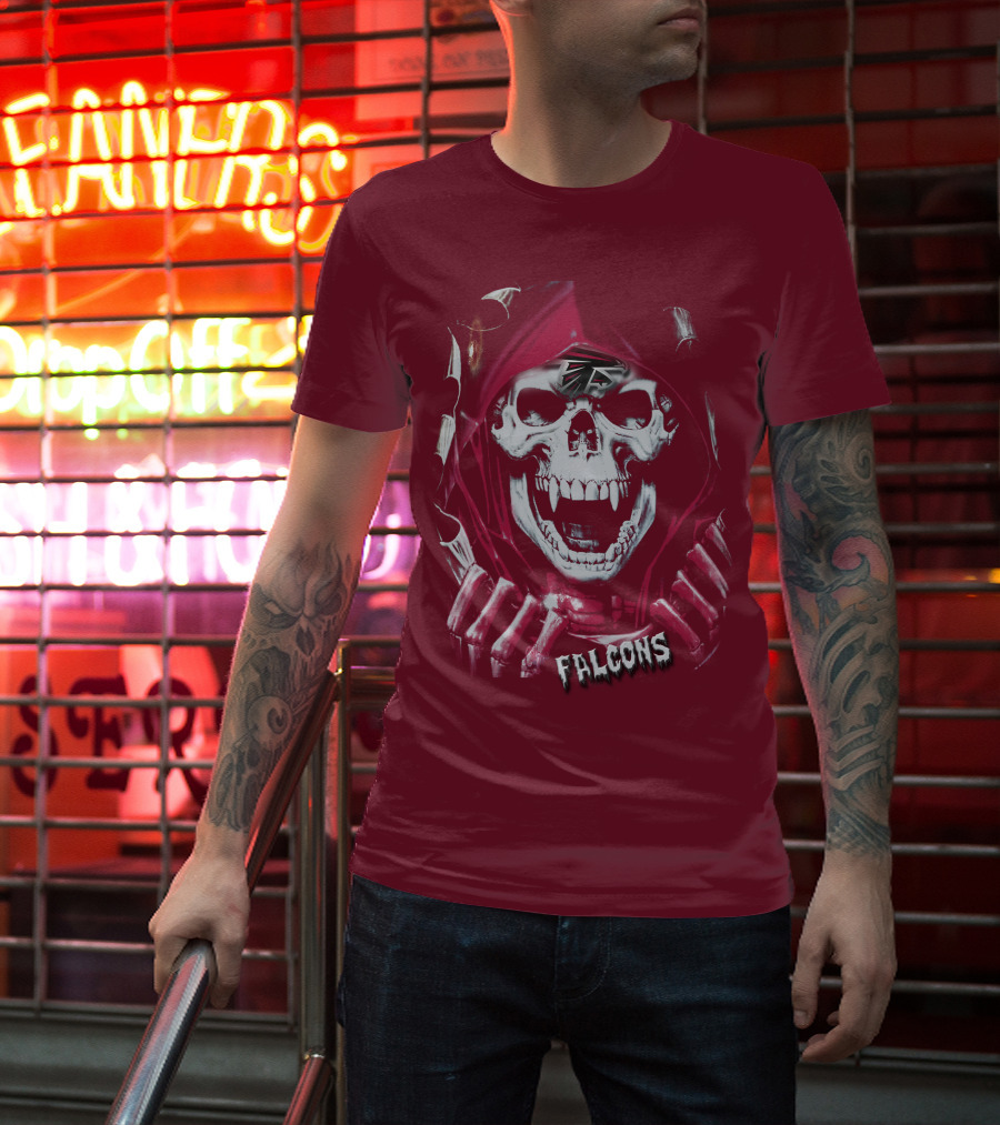Atlanta Falcons Skull In Red Hood With Logo Elements T-Shirt