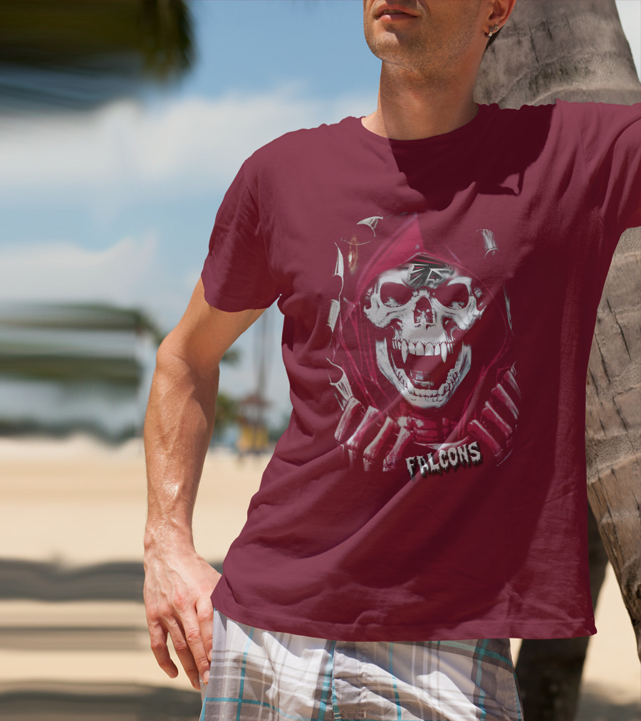 Atlanta Falcons Skull In Red Hood With Logo Elements T-Shirt