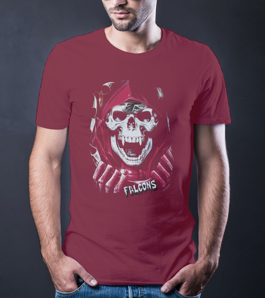 Atlanta Falcons Skull In Red Hood With Logo Elements T-Shirt