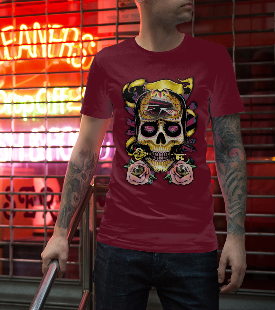 Atlanta Falcons Skull With Roses And Key T-Shirt