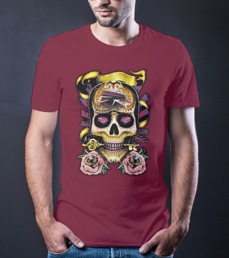 Atlanta Falcons Skull With Roses And Key T-Shirt