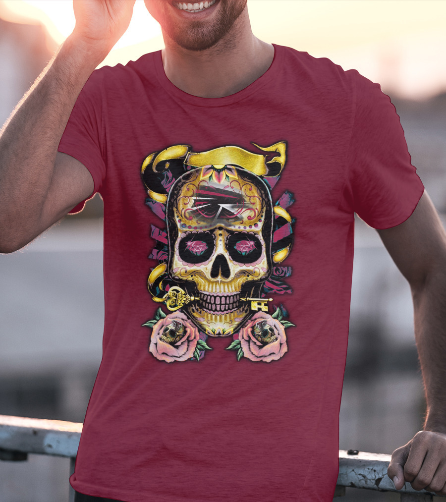 Atlanta Falcons Skull With Roses And Key T-Shirt