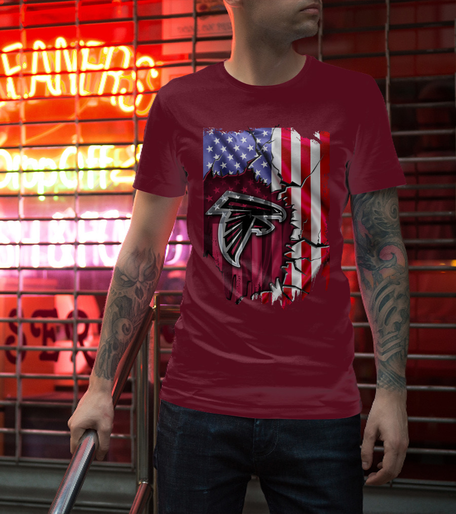 American Flag With Atlanta Falcons Logo And Cracked Design Mix T-Shirt