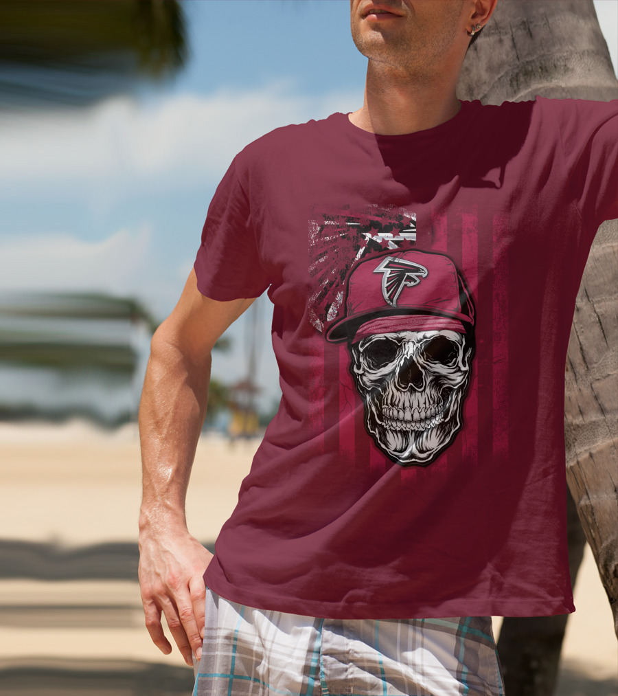 Skull V1 Atlanta Falcons Cap With Falcons Logo And Grunge Stripes T-Shirt