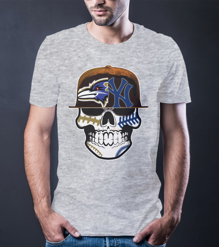Baltimore Ravens New York Yankees Skull Hat T-Shirt