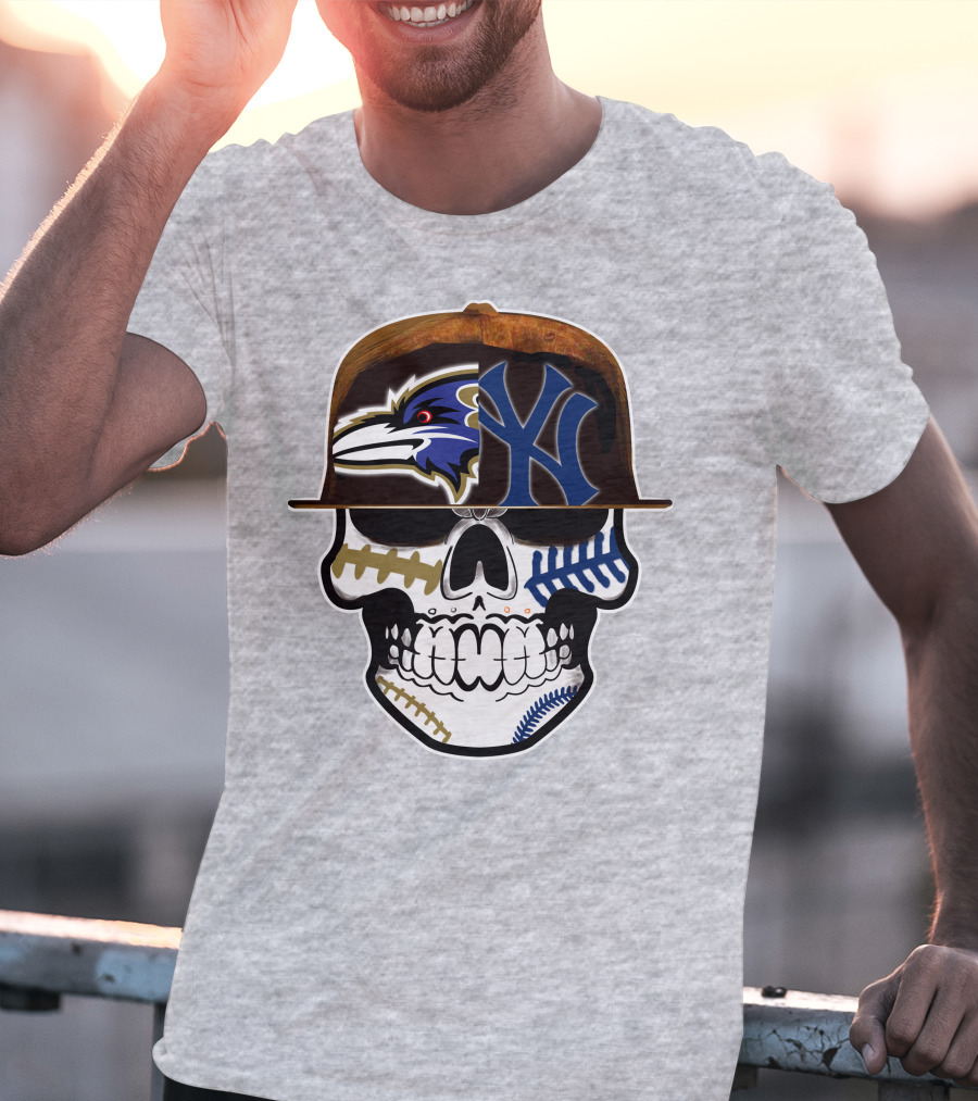 Baltimore Ravens New York Yankees Skull Hat T-Shirt