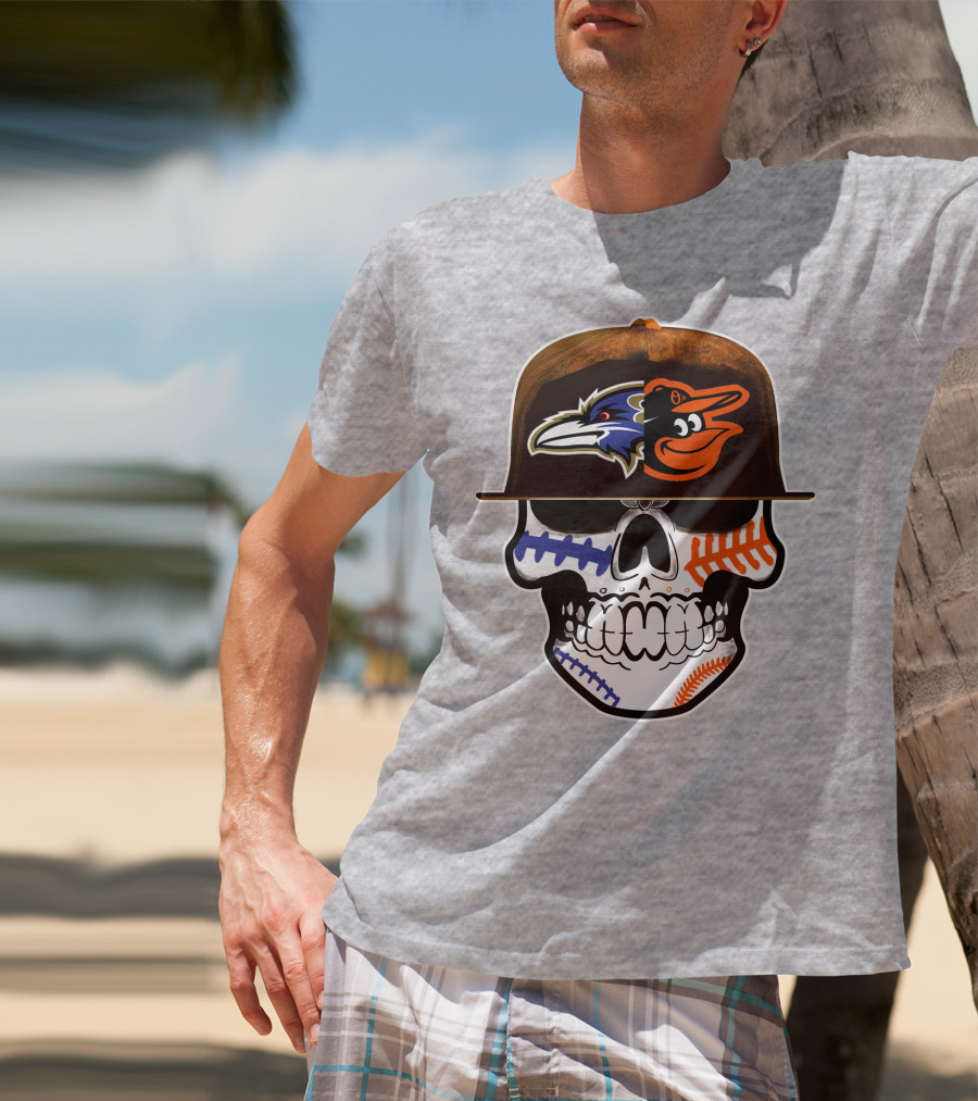 Baltimore Ravens Orioles Skull Baseball Crossover T-Shirt
