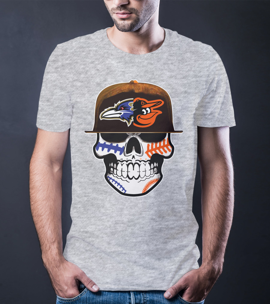 Baltimore Ravens Orioles Skull Baseball Crossover T-Shirt