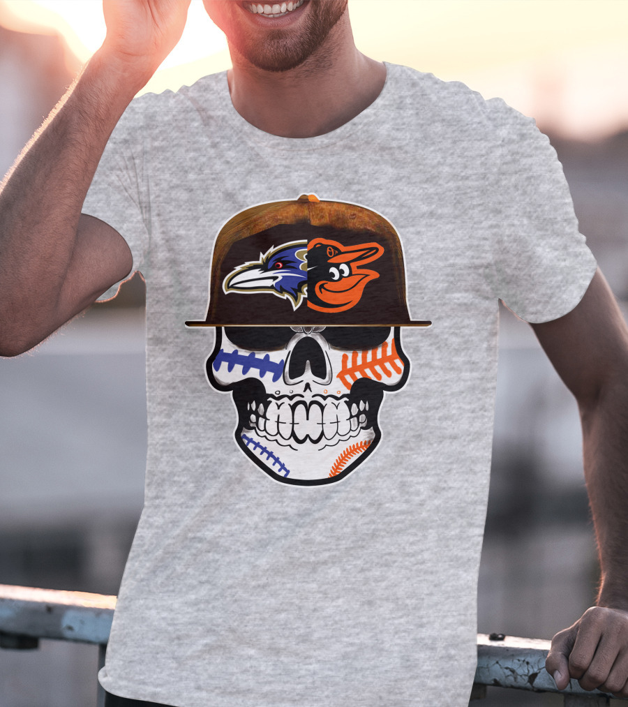 Baltimore Ravens Orioles Skull Baseball Crossover T-Shirt