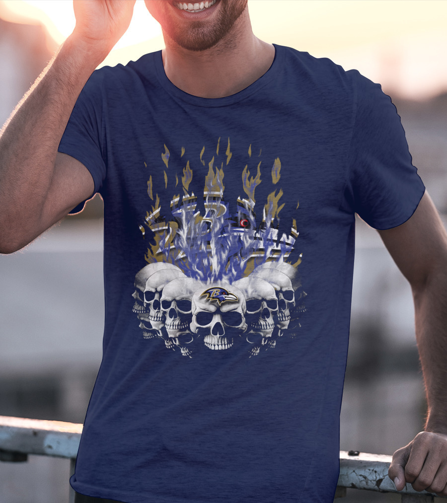 Baltimore Ravens Skull Flame Design With Team Logo T-Shirt