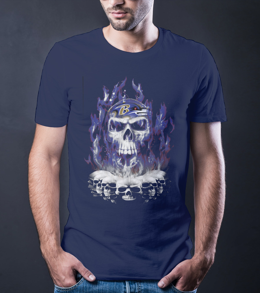 Baltimore Ravens 52 Skulls And Flames Football Helmet T-Shirt