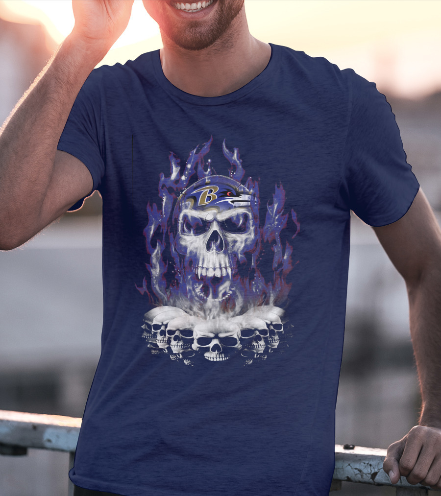 Baltimore Ravens 52 Skulls And Flames Football Helmet T-Shirt