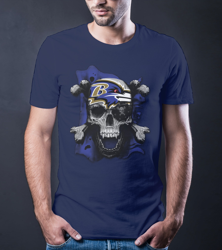 Baltimore Ravens Skull And Crossbones Logo Dark Theme T-Shirt