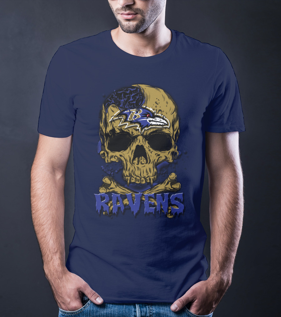 Baltimore Ravens Skull Artwork With Logo And Number T-Shirt