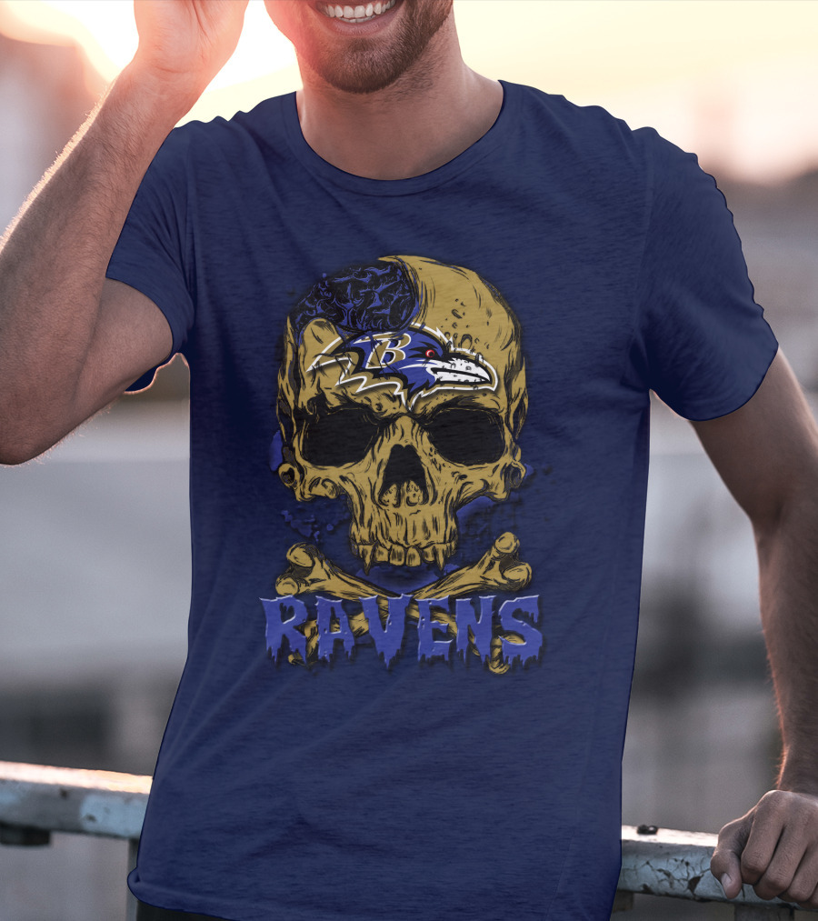 Baltimore Ravens Skull Artwork With Logo And Number T-Shirt