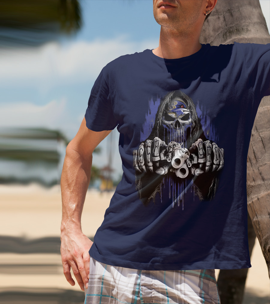 Baltimore Ravens Skull Reaper Gun Fists T-Shirt