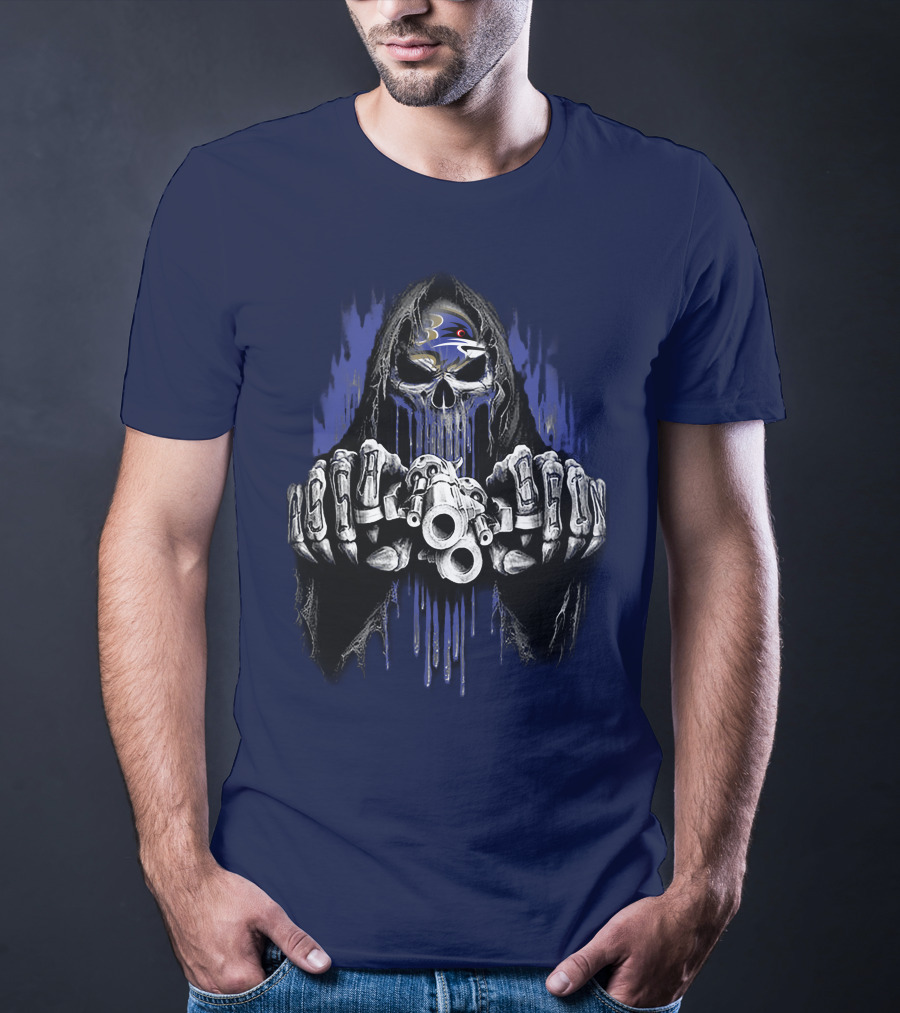 Baltimore Ravens Skull Reaper Gun Fists T-Shirt