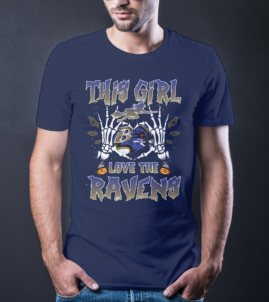 This Girl Loves The Baltimore Ravens 80 Halloween Skeleton Theme T-Shirt