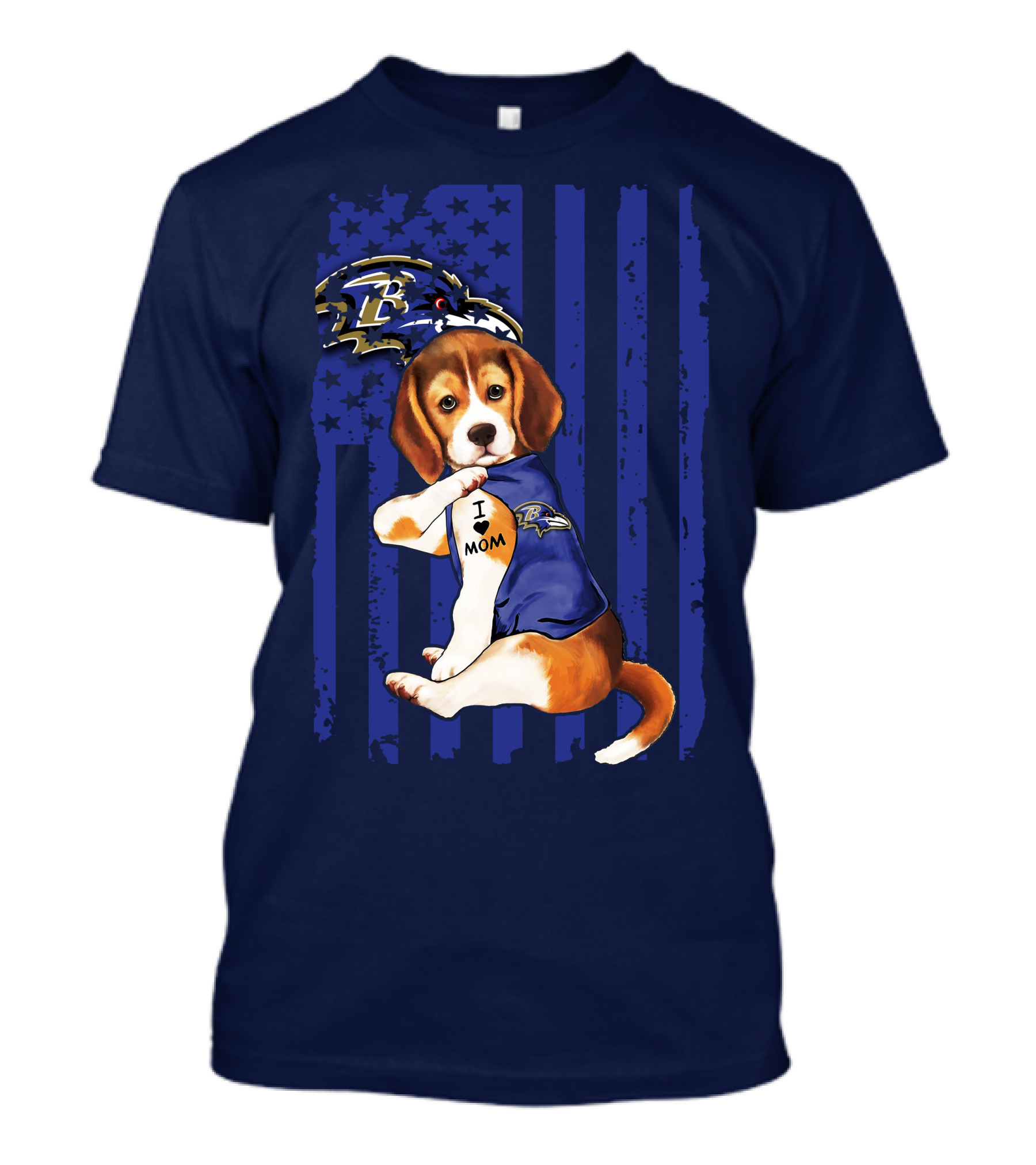 Beagle Puppy I Love Mom Baltimore Ravens Fan With Tattoo And Team Jersey T-Shirt