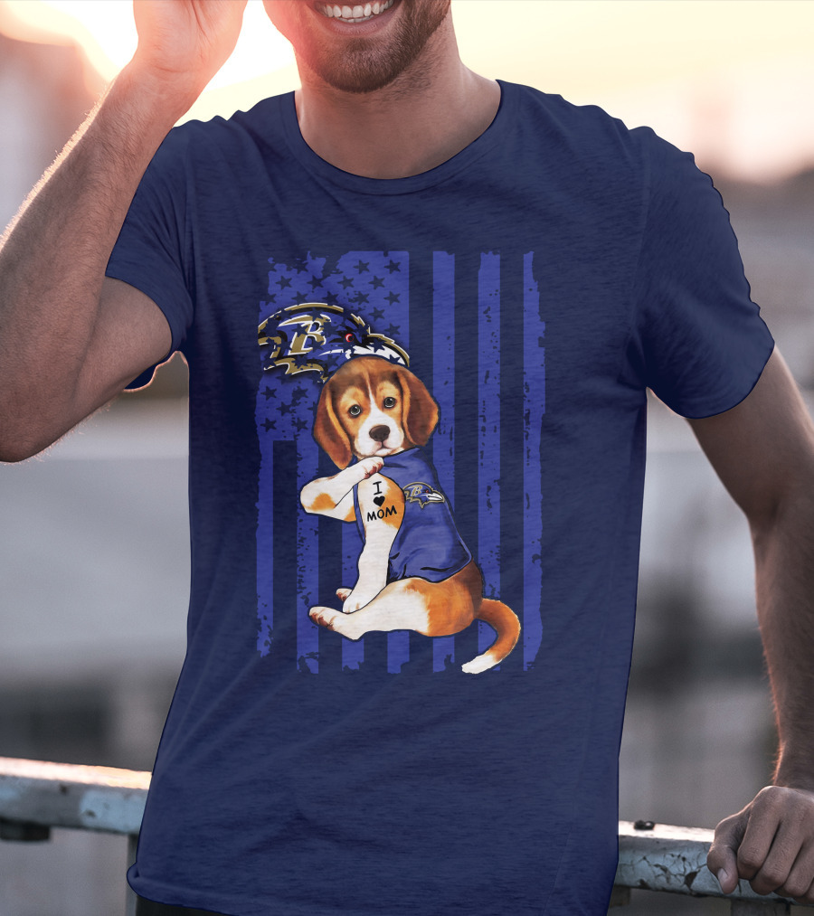 Beagle Puppy I Love Mom Baltimore Ravens Fan With Tattoo And Team Jersey T-Shirt