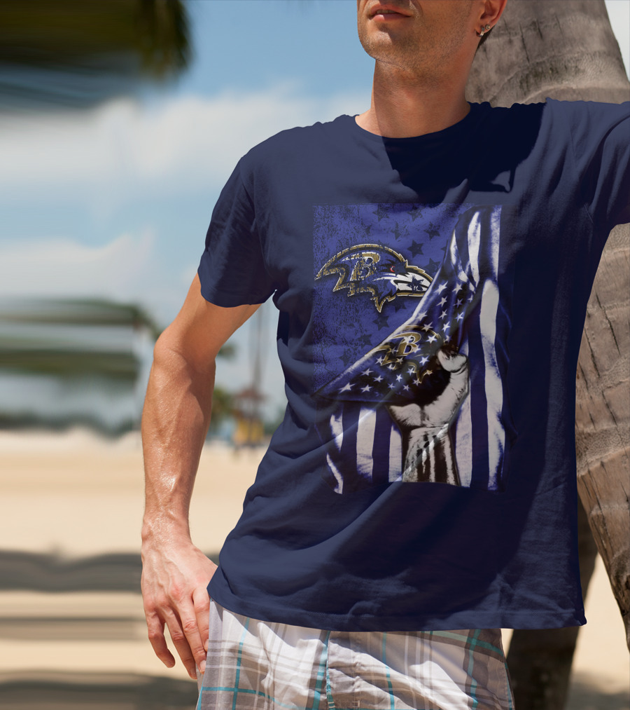 Fist Holding American Flag With Baltimore Ravens Logo And Stars T-Shirt