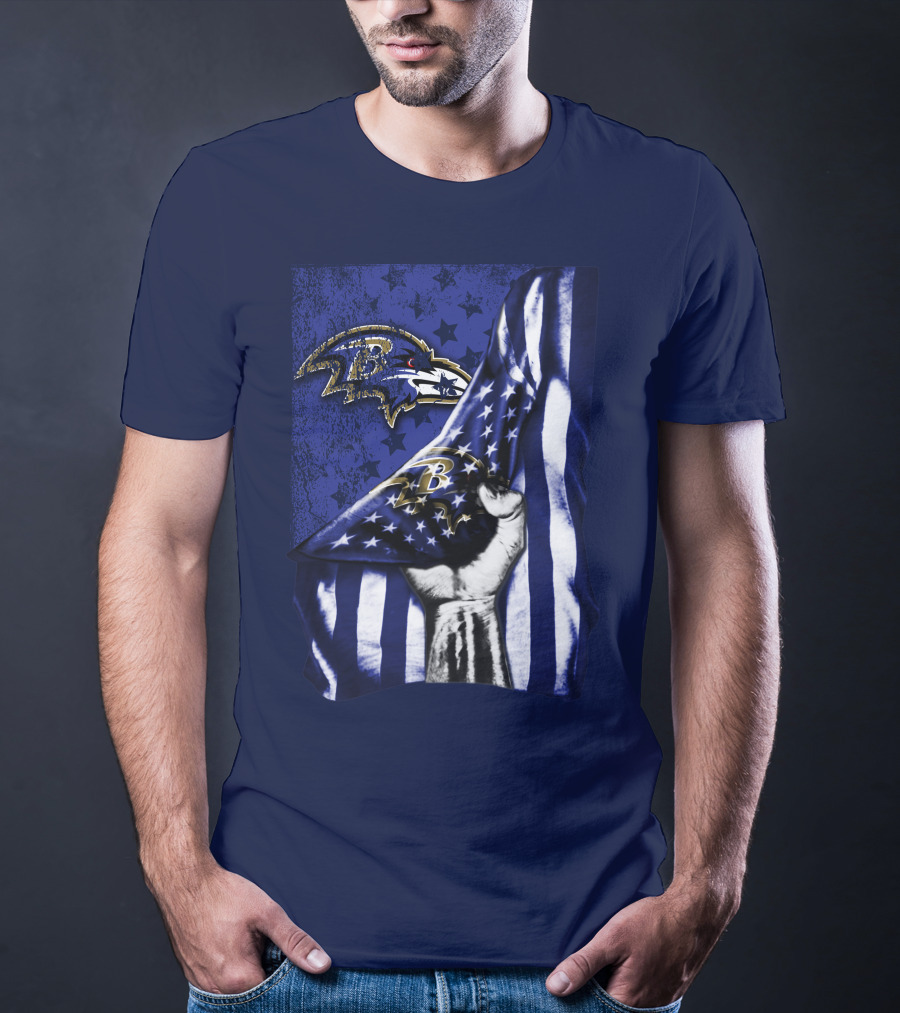 Fist Holding American Flag With Baltimore Ravens Logo And Stars T-Shirt