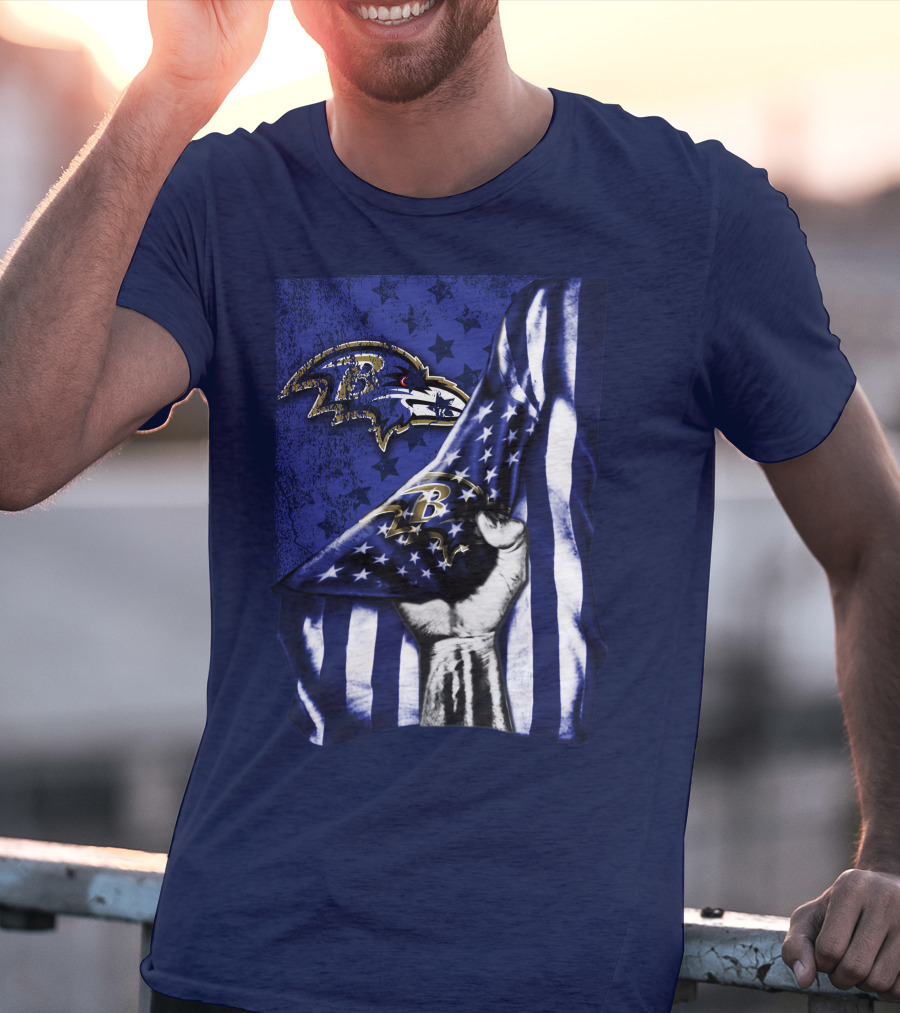 Fist Holding American Flag With Baltimore Ravens Logo And Stars T-Shirt