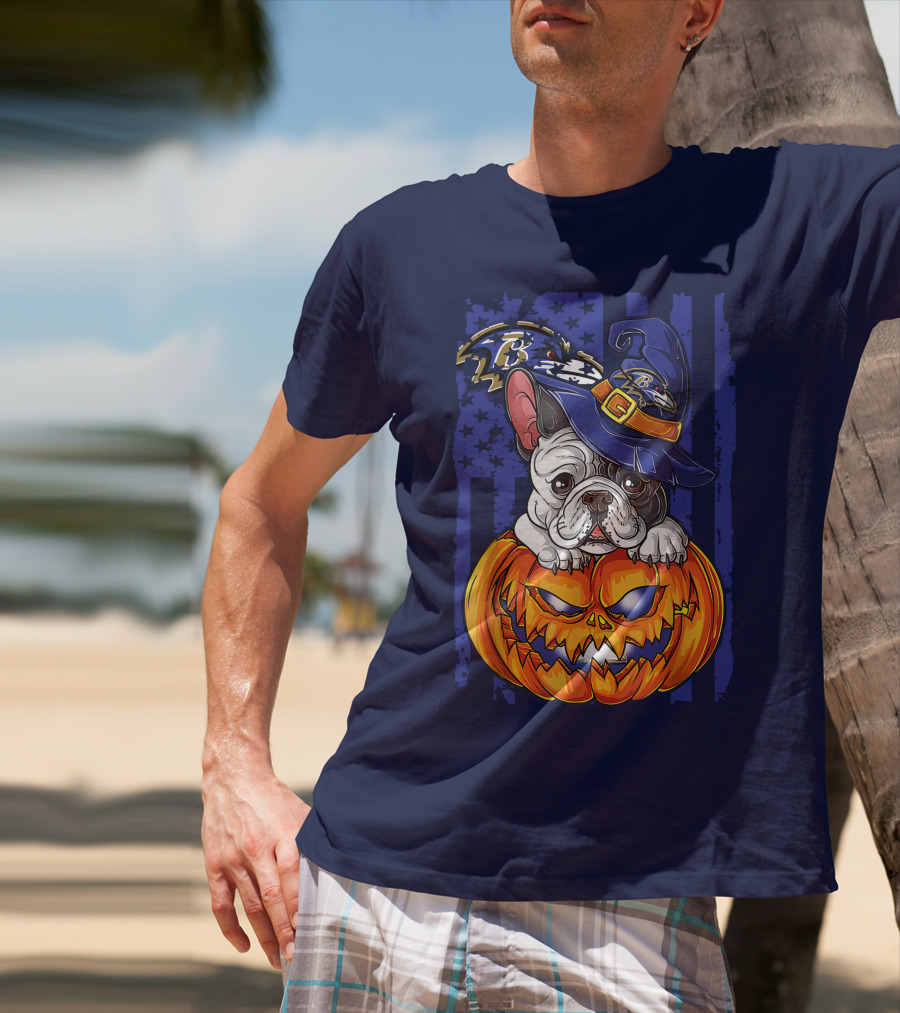 Bulldog In Wizard Hat On Jack-o'-Lantern With Baltimore Ravens T-Shirt