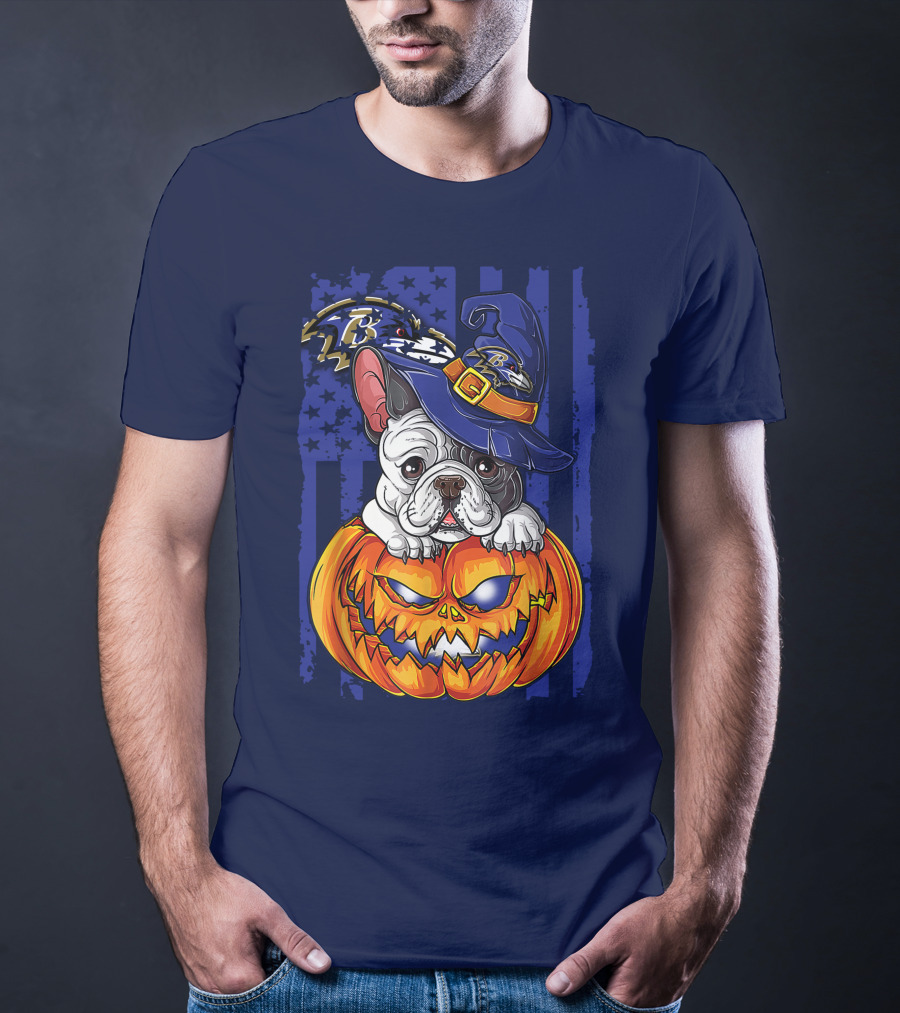 Bulldog In Wizard Hat On Jack-o'-Lantern With Baltimore Ravens T-Shirt