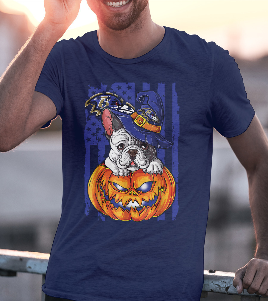 Bulldog In Wizard Hat On Jack-o'-Lantern With Baltimore Ravens T-Shirt