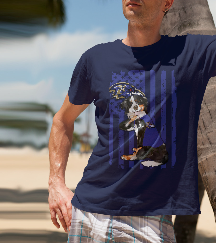 Border Collie Wearing Baltimore Ravens Gear With I Love Mom Tattoo T-Shirt