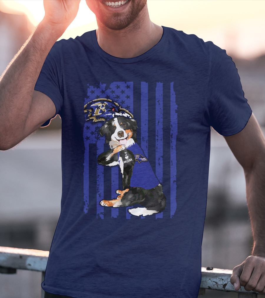 Border Collie Wearing Baltimore Ravens Gear With I Love Mom Tattoo T-Shirt