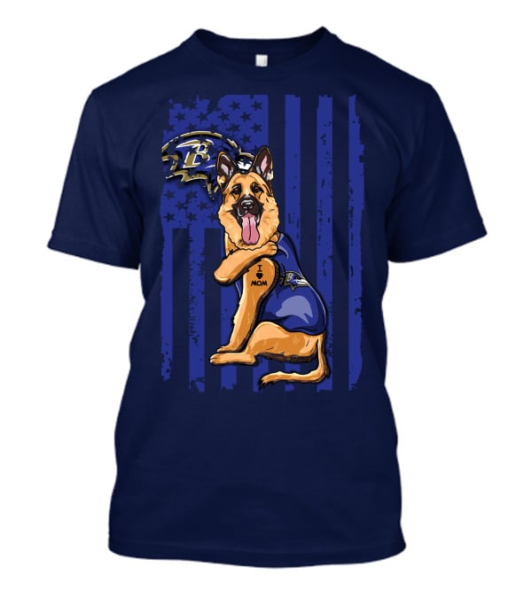 German Shepherd Illustrated With Baltimore Ravens NFL Symbol And I Love Mom Tattoo T-Shirt