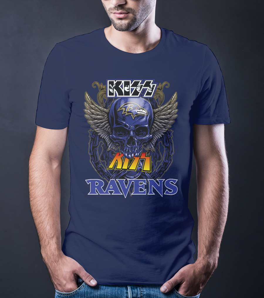 Kiss Ravens Baltimore Football Skull Wings T-Shirt