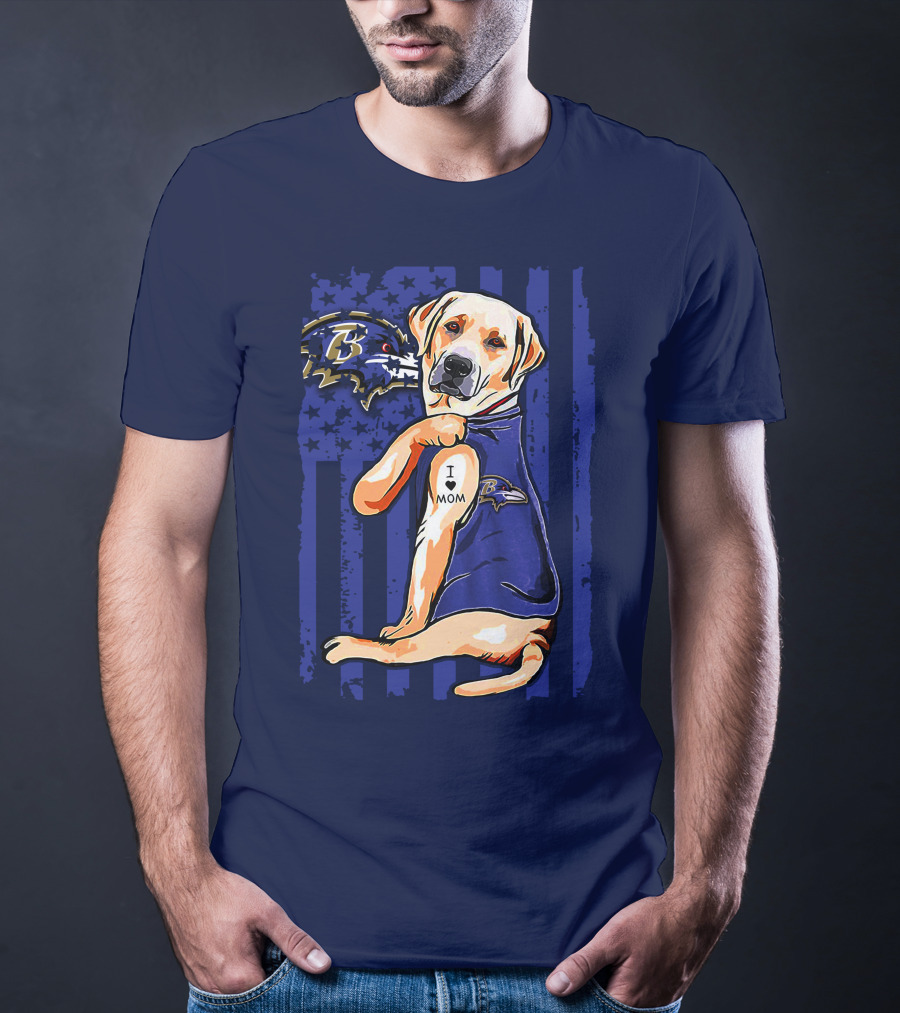 Labrador Retriever I Love Mom Baltimore Ravens Fan Dog With Tattoo And Team T-Shirt