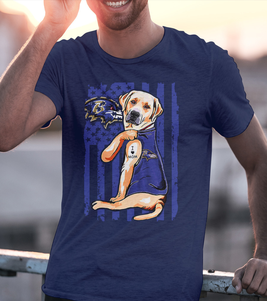 Labrador Retriever I Love Mom Baltimore Ravens Fan Dog With Tattoo And Team T-Shirt