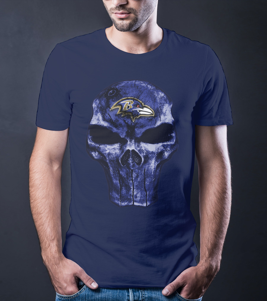 Skull Baltimore Ravens Logo Blue Skull T-Shirt