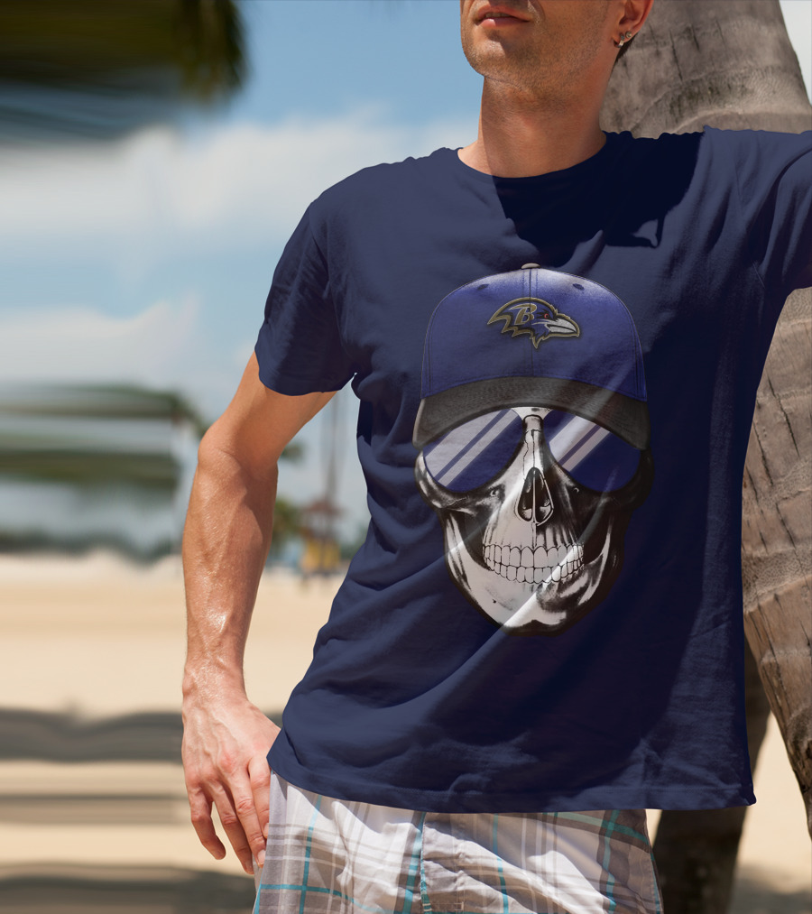 Skull With Baltimore Ravens Cap And Sunglasses T-Shirt