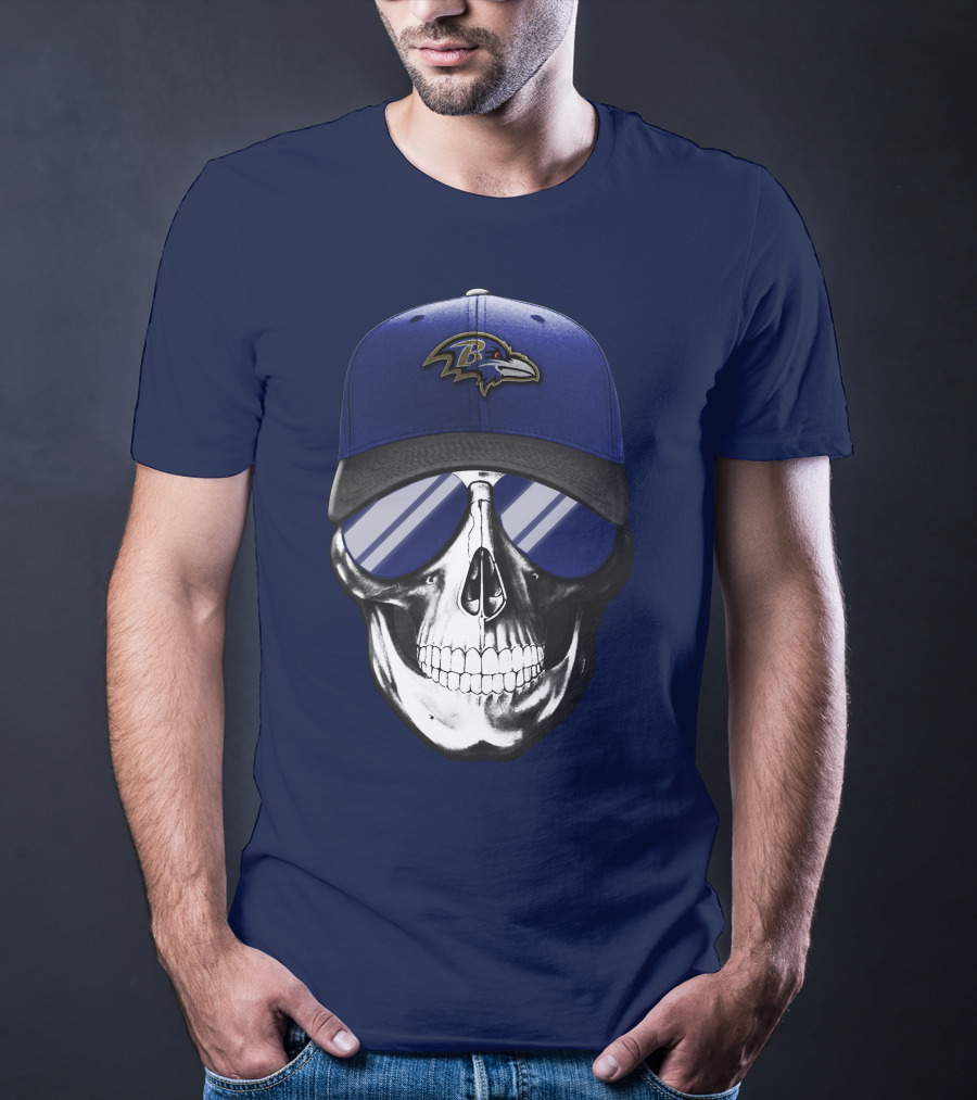 Skull With Baltimore Ravens Cap And Sunglasses T-Shirt