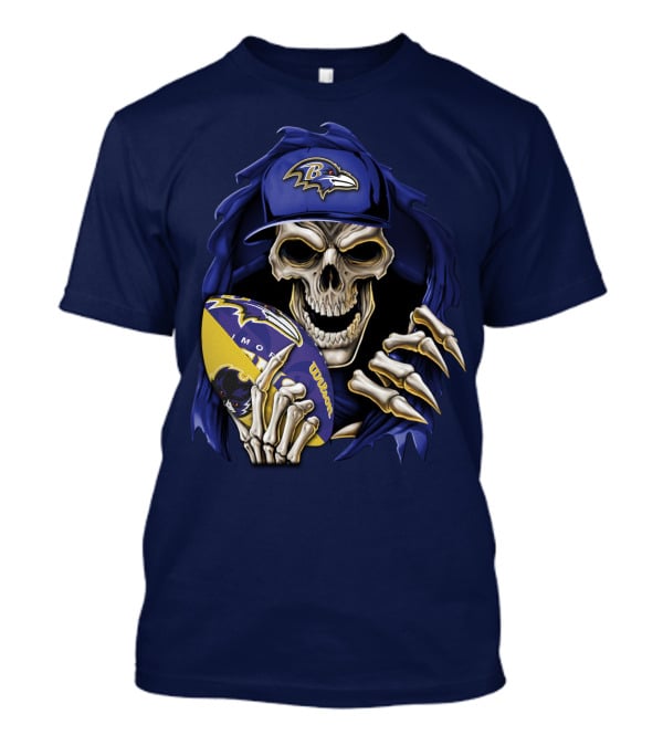 Skullbong Baltimore Ravens Skeleton With Football And Cap T-Shirt
