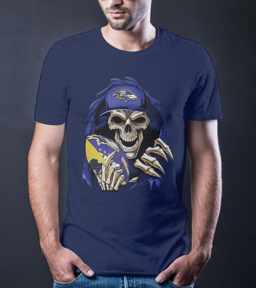 Skullbong Baltimore Ravens Skeleton With Football And Cap T-Shirt