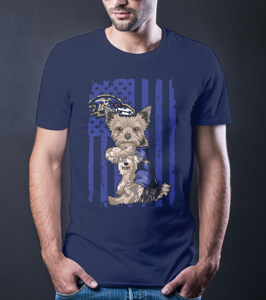 Yorkshire Terrier I Love Mom Baltimore Ravens Stars Stripes T-Shirt