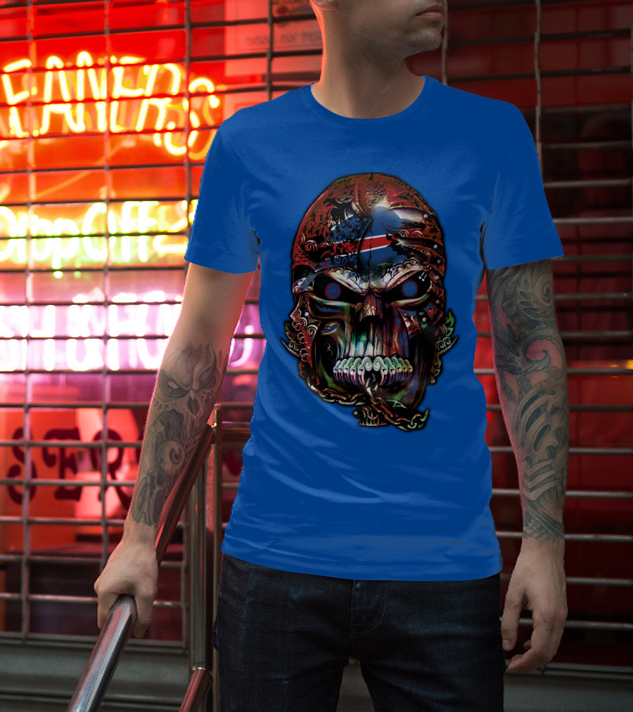 Buffalo Bills 53 Skull Art With American Flag And Tribal Elements T-Shirt